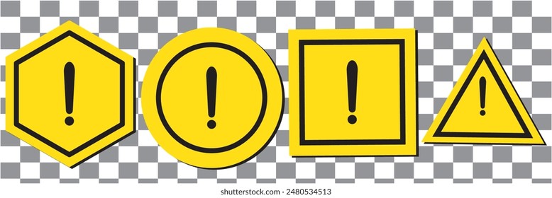 Set of round, square, rhombic, triangular and hexagonal yellow road signs with exclamation point. Caution sign. Vector icons for warning about the situation on the road. White isolated background