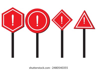 Set of round, square, rhombic, triangular and hexagonal black road signs with exclamation point. Caution sign. Vector icons for warning about the situation on the road. White isolated background