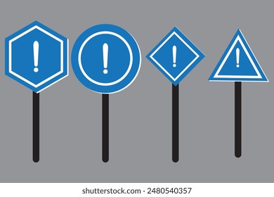 Set of round, square, rhombic, triangular and hexagonal black road signs with exclamation point. Caution sign. Vector icons for warning about the situation on the road. White isolated background