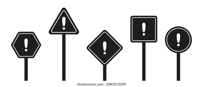 Set of round, square, rhombic, triangular and hexagonal black road signs with exclamation point. Caution sign. Vector icons for warning about the situation on the road. White isolated background