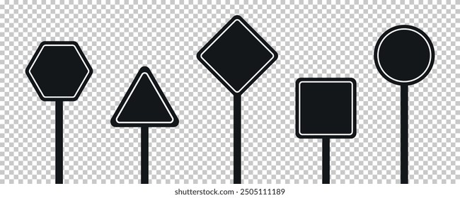 Set of round, square, rhombic, triangular and hexagonal black road signs. Vector illustration of icons for warning about the situation on the road. Transparent isolated background.