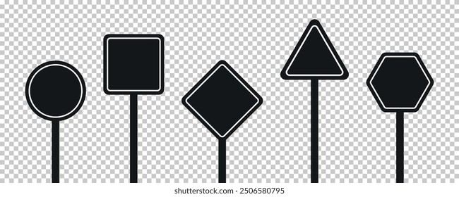 Set of round, square, rhombic, triangular and hexagonal black road signs. Vector illustration of icons for warning about the situation on the road. Transparent isolated background.