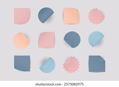 Set round, square self adhesive stickers with folded edges. Colored paper circle with shadows, soft zigzag shapes. Blank layout with empty space. Vector illustration isolated 