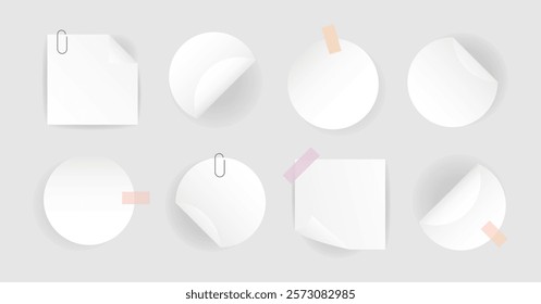 Set round, square self adhesive stickers with folded edges. White paper with shadows, paper clip, color sticky tape. Blank layout for any notes. Vector illustration