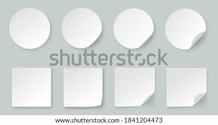 A set of round and square stickers. White paper labels with curved edges for business promotion. Curved sticker with a peel-off corner.
Vector image