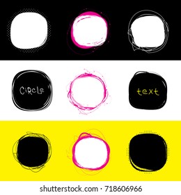 Set of round stains. Hand drawn scribble circles. Spot banner for text. Vector logo design elements