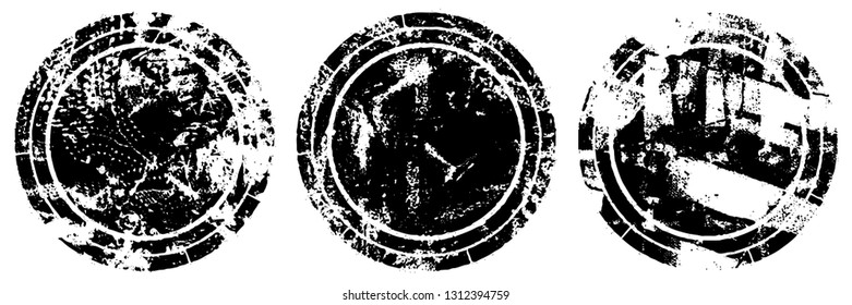 Set of round stamps grunge textures. Background for icons, banners, logos, icons. Vintage backdrop for printing business cards, labels, posters. Old surface in cracks, chips, scuffs, worn