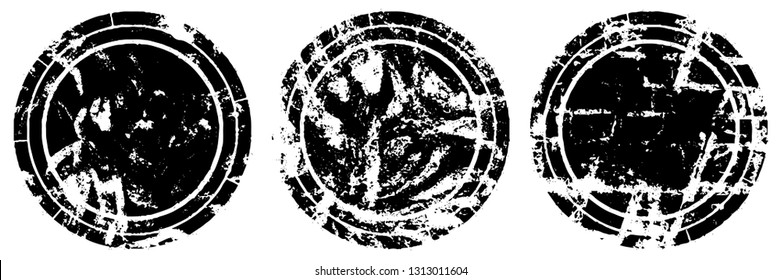 Set of round stamps grunge textures. Background for icons, banners, logos, icons. Vintage backdrop for printing business cards, labels, posters. Old surface in cracks, chips, scuffs, worn