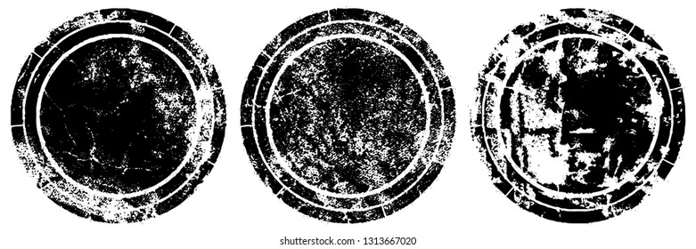 Set of round stamps grunge textures. Background for icons, banners, logos, icons. Vintage backdrop for printing business cards, labels, posters. Old surface in cracks, chips, scuffs, worn