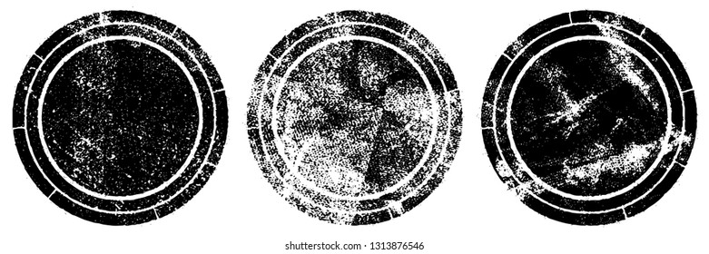 Set of round stamps grunge textures. Background for icons, banners, logos, icons. Vintage backdrop for printing business cards, labels, posters. Old surface in cracks, chips, scuffs, worn