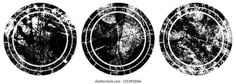 Set of round stamps grunge textures. Background for icons, banners, logos, icons. Vintage backdrop for printing business cards, labels, posters. Old surface in cracks, chips, scuffs, worn