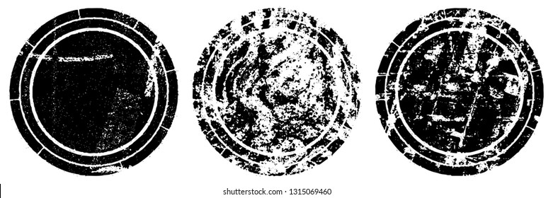 Set of round stamps grunge textures. Background for icons, banners, logos, icons. Vintage backdrop for printing business cards, labels, posters. Old surface in cracks, chips, scuffs, worn