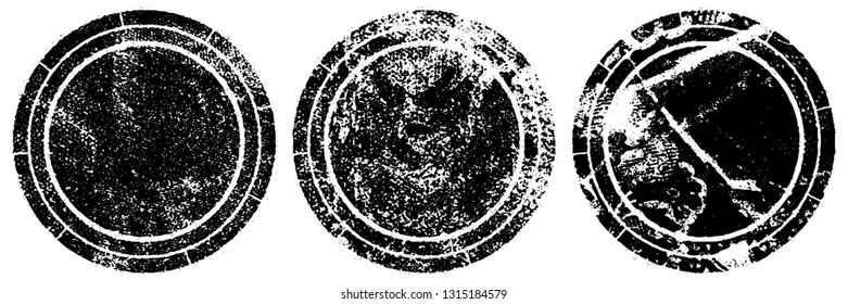 Set of round stamps grunge textures. Background for icons, banners, logos, icons. Vintage backdrop for printing business cards, labels, posters. Old surface in cracks, chips, scuffs, worn