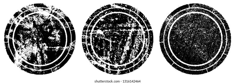 Set of round stamps grunge textures. Background for icons, banners, logos, icons. Vintage backdrop for printing business cards, labels, posters. Old surface in cracks, chips, scuffs, worn