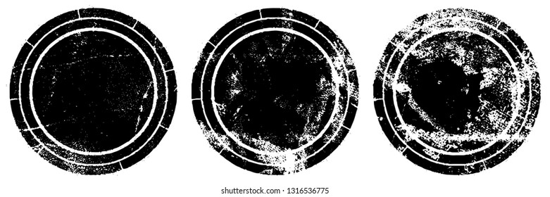 Set of round stamps grunge textures. Background for icons, banners, logos, icons. Vintage backdrop for printing business cards, labels, posters. Old surface in cracks, chips, scuffs, worn
