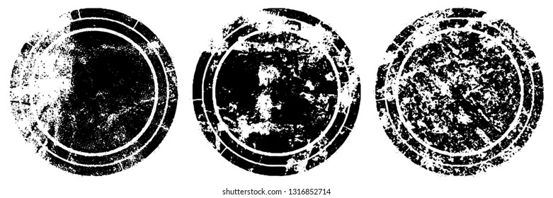 Set of round stamps grunge textures. Background for icons, banners, logos, icons. Vintage backdrop for printing business cards, labels, posters. Old surface in cracks, chips, scuffs, worn