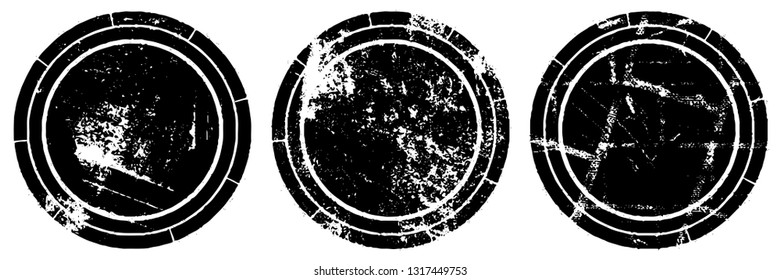 Set of round stamps grunge textures. Background for icons, banners, logos, icons. Vintage backdrop for printing business cards, labels, posters. Old surface in cracks, chips, scuffs, worn