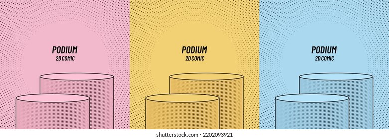 Conjunto de podio redondo con líneas negras en estilo cómico de dibujos animados. Colección de fondo rosa, amarillo, azul con patrón de puntos de medio tono. Presentación del producto de forma vectorial 2d. Simple y llano.