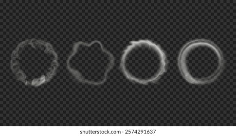 Set of round steam clouds. Vapor, smoke rings. Smoke circles of hookah, cigarettes, vape isolated on tranparent backdrop