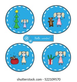 Set round sticker with girl with Christmas tree, big gift and sack, girl with bear. Vector illustration for greeting card, invitation, posters, texture backgrounds, placards, banners.