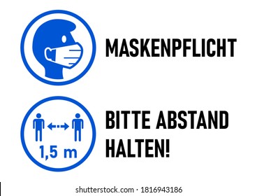 Set of Round Sticker Icons for Coronavirus Measures in German including "Maskenpflicht" (Face Masks Required) and "Bitte Abstand halten" (Please Keep Your Distance) 1,5 m or 1,5 Meters. Vector Image.