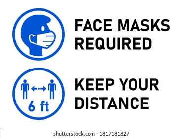 Set of Round Sticker Icons for Coronavirus Measures including Face Masks Required and Keep Your Distance 6 ft or 6 Feet. Vector Image.