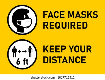 Set of Round Sticker Icons for Coronavirus Measures including Face Masks Required and Keep Your Distance 6 ft or 6 Feet Warning Sign. Vector Image.