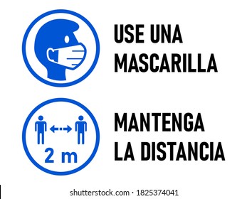 Set of Round Sticker Icons for Coronavirus Measures in Spanish including "Use Una Mascarilla" (Wear a Face Mask) and "Mantenga La Distancia" (Keep Your Distance) 2 Meters. Vector Image.