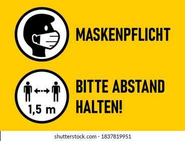 Set of Round Sticker Icons for Coronavirus Measures in German including "Maskenpflicht" (Face Masks Required) and "Bitte Abstand halten" (Please Keep Your Distance) 1,5 m. Vector Image.