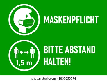 Set of Round Sticker Icons for Coronavirus Measures in German including "Maskenpflicht" (Face Masks Required) and "Bitte Abstand halten" (Please Keep Your Distance) 1,5 m. Vector Image.