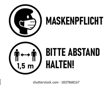 Set of Round Sticker Icons for Coronavirus Measures in German including "Maskenpflicht" (Face Masks Required) and "Bitte Abstand halten" (Please Keep Your Distance) 1,5 m. Vector Image.