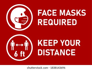 Set of Round Sticker Icons for Coronavirus Measures including Face Masks Required and Keep Your Distance 6 ft or 6 Feet. Vector Image.