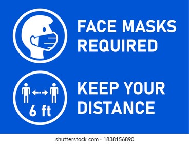 Set of Round Sticker Icons for Coronavirus Measures including Face Masks Required and Keep Your Distance 6 ft or 6 Feet. Vector Image.