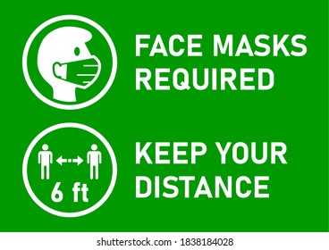 Set of Round Sticker Icons for Coronavirus Measures including Face Masks Required and Keep Your Distance 6 ft or 6 Feet. Vector Image.