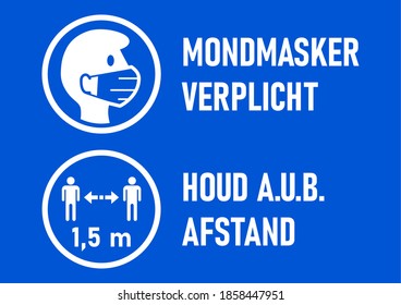 Set of Round Sticker Icons for Coronavirus Measures in Dutch including "Mondmasker Verplicht" (Face Masks Required) and "Houd a.u.b. afstand" (Please Keep Your Distance). Vector Image.