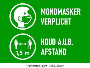 Set of Round Sticker Icons for Coronavirus Measures in Dutch including "Mondmasker Verplicht" (Face Masks Required) and "Houd a.u.b. afstand" (Please Keep Your Distance). Vector Image.