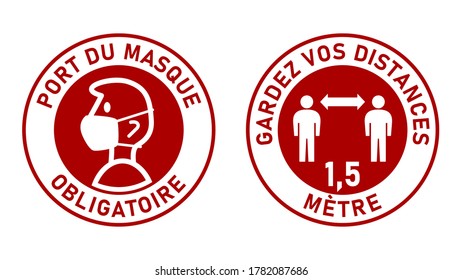 Set of Round Sticker Signs against Coronavirus in French "Port Du Masque Obligatoire" (Face Masks Required) and "Gardez Vos Distances 1,5 Metre" (Keep Your Distance 1,5 Meters). Vector Image.