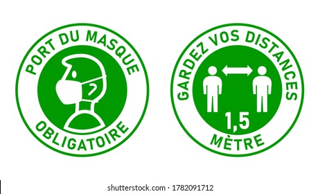 Set of Round Sticker Signs against Coronavirus in French "Port Du Masque Obligatoire" (Face Masks Required) and "Gardez Vos Distances 1,5 Metre" (Keep Your Distance 1,5 Meters). Vector Image.