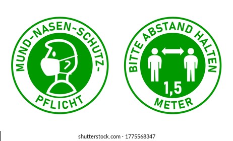 Runde Schilder in deutscher "Mund-Nasen-Schutz-EPG" (Gesichtsmasken erforderlich) und "1,5 Meter" (Bitte halten Sie Ihre Distanz 1,5 Meter). Vektorbild.