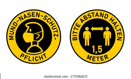 Runde Schilder in deutscher "Mund-Nasen-Schutz-EPG" (Gesichtsmasken erforderlich) und "1,5 Meter" (Bitte halten Sie Ihre Distanz 1,5 Meter). Vektorbild.