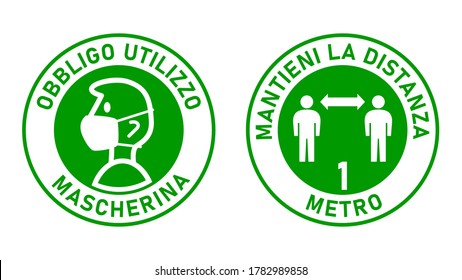 Set of Round Sticker Signs in Italian "Obbligo Utilizzo Mascherina" (Face Masks Required) and "Mantieni La Distanza 1 Metro" (Keep Your Distance 1 Metre). Vector Image.