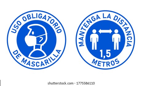 Conjunto de carteles de adhesivos redondos en español "Uso Obligatorio de Mascarilla" y "Mantenga La Distancia 1,5 Metros". Imagen vectorial.