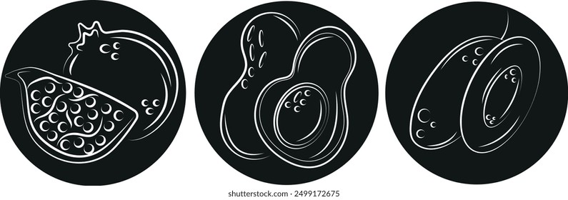 set of round sticker templates with fruit outline, namely pomegranate, avocado outline, vector