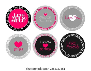 Runde Aufkleber über die Liebe. Valentinstag. ein Emblem mit dem Satz "Ich liebe dich". Grau mit rosafarbenem Logo für den 14. Februar. Vektorlogotipps zur Liebe
