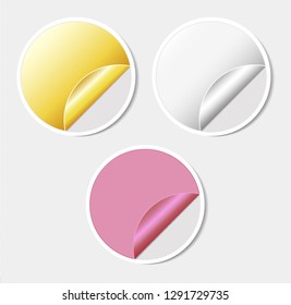 Set of round stickers with bent edge. golden, silver and pink. Blank template for design. Web banner.