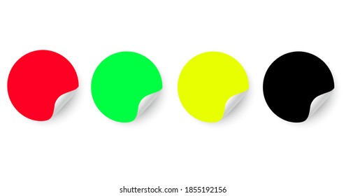 Set of round stickers. Colored paper labels with curved edges for business promotion.
Peel-off sticker.
Red, green, yellow, black.
Vector image