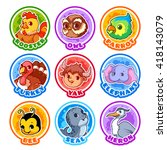 Set of round stickers with cute animals. Vector cartoon illustration isolated on a white background.