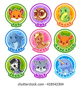 Set of round stickers with cute animals. Vector cartoon illustration isolated on a white background.