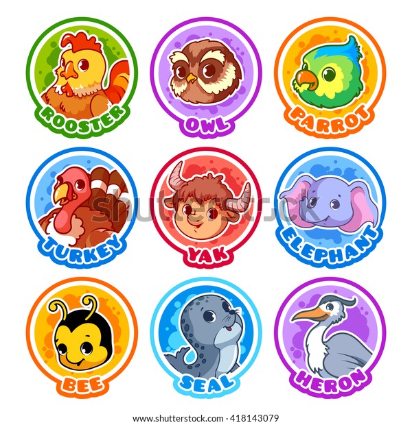 Set Round Stickers Cute Animals Vector Stock Vector (Royalty Free ...