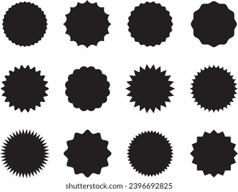 Set of round stickers with different edges black and white design. Vector illustration